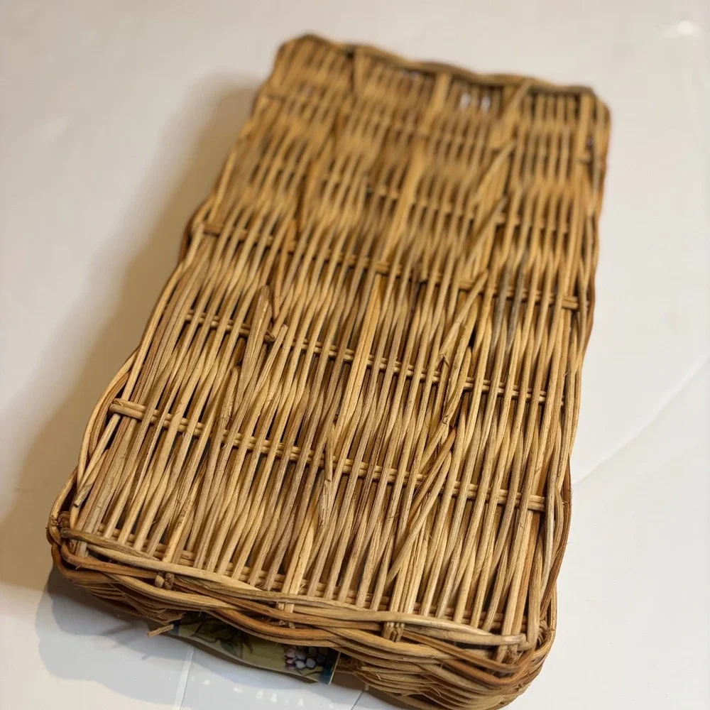 Wicker Utensil Caddy Green Ceramic Handles 4 Compartments Picnic Cottagecore